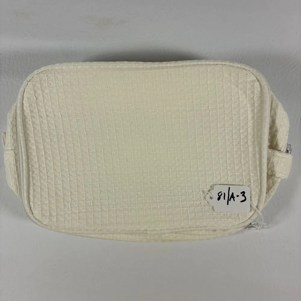 Terry Town Waffle Weave Cosmetic Makeup Travel Bag Double Zip Cream Cotton Blend